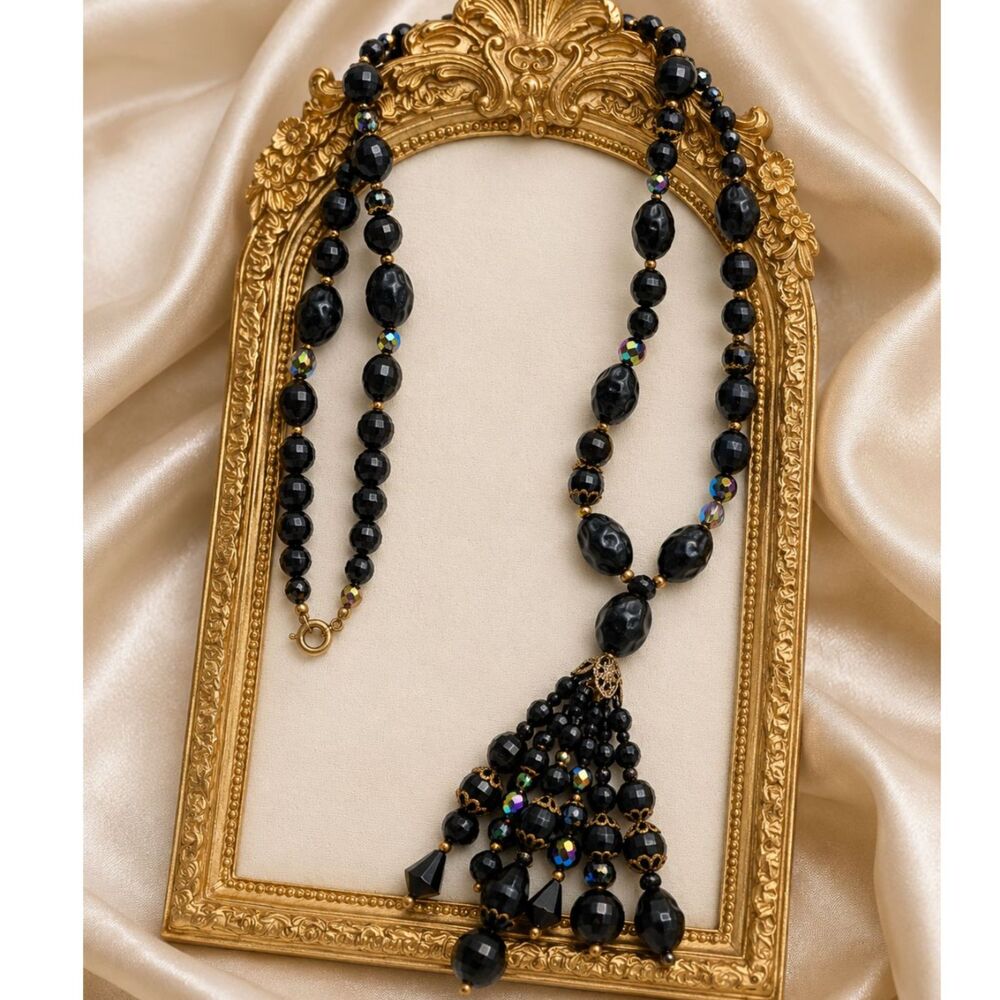 Vintage 60s Black Beaded Tassel Necklace Aurora Borealis Crystal Mid Century